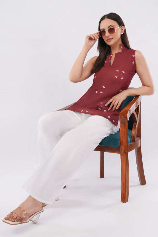 Handloom Wine & Bows Short Sleeveless Kurti